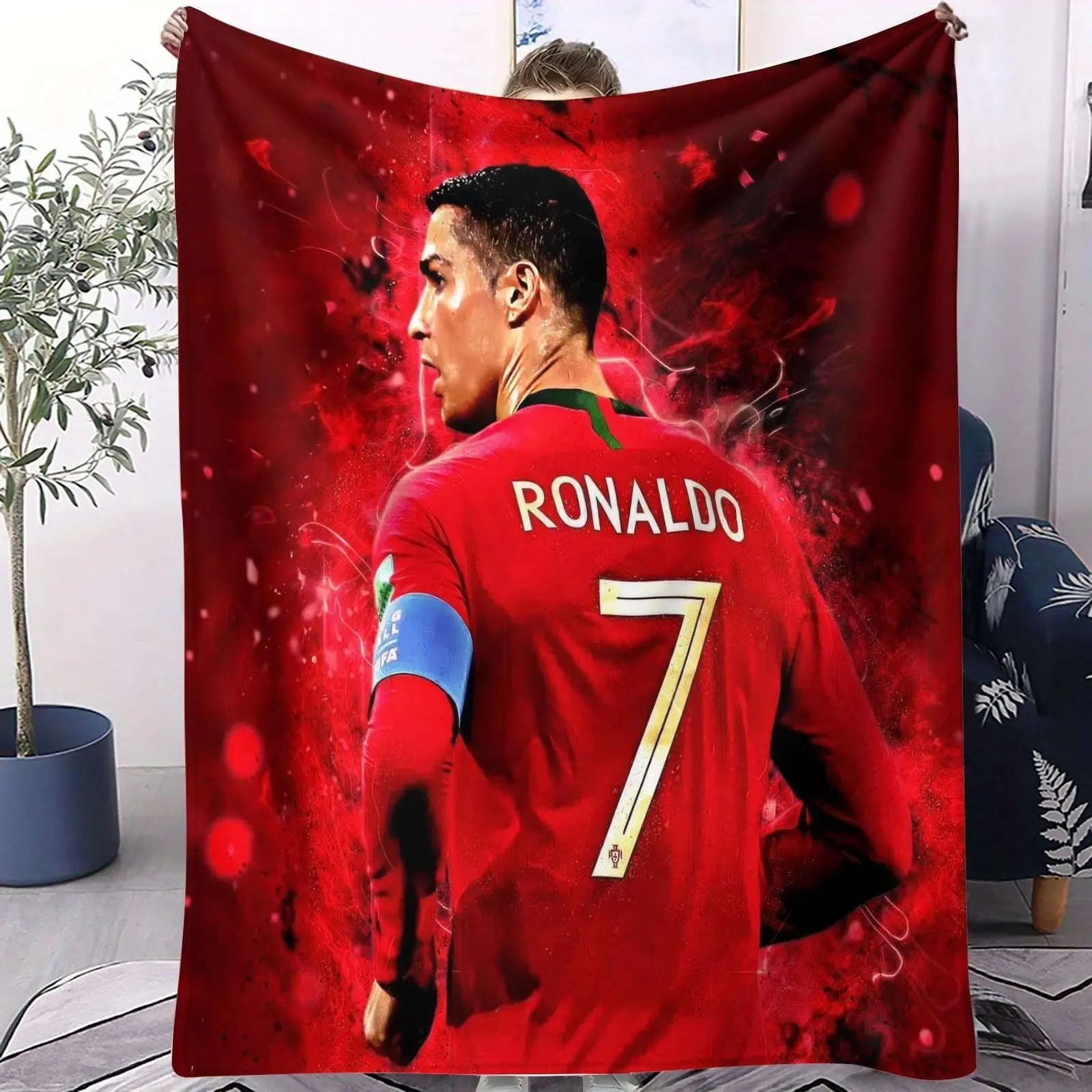Cristiano Ronaldo Portugal No.7 Flannel Throw Blanket, Splash Texture, Soft Cozy Blanket for Sofa Bedroom, Football Star Fan Decor, Birthday Gift