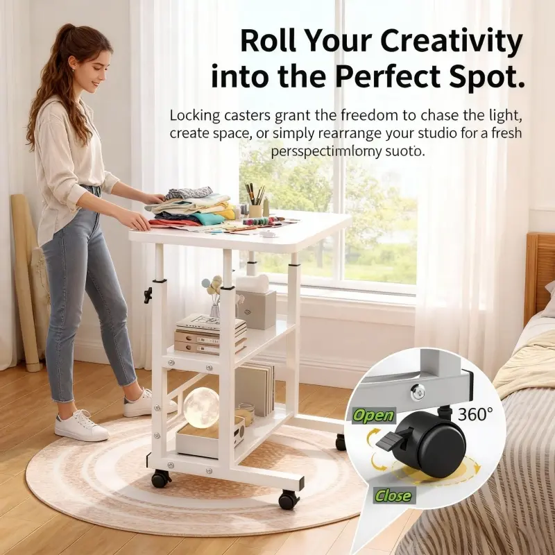 [Enhanced Version - Sewing & Knitting Supplies] Multifunctional Adjustable Height Mobile Craft Table/Storage Table - With 4 360° Wheels°Silent wheel mobile craft table, available in black/white, with a double-layer storage shelf. Perfect for the bedroom o