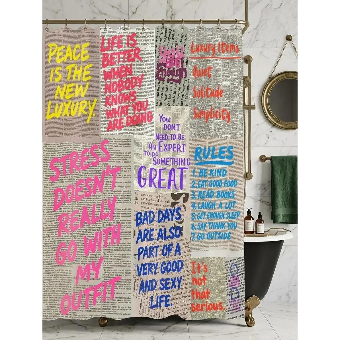 Vintage Newspaper Print Shower Curtain with Colorful Motivational Quotes | Fun Graffiti Aesthetic Bathroom Decor | Waterproof Fabric Curtain Set with Hooks | 70.8" x 70.8"