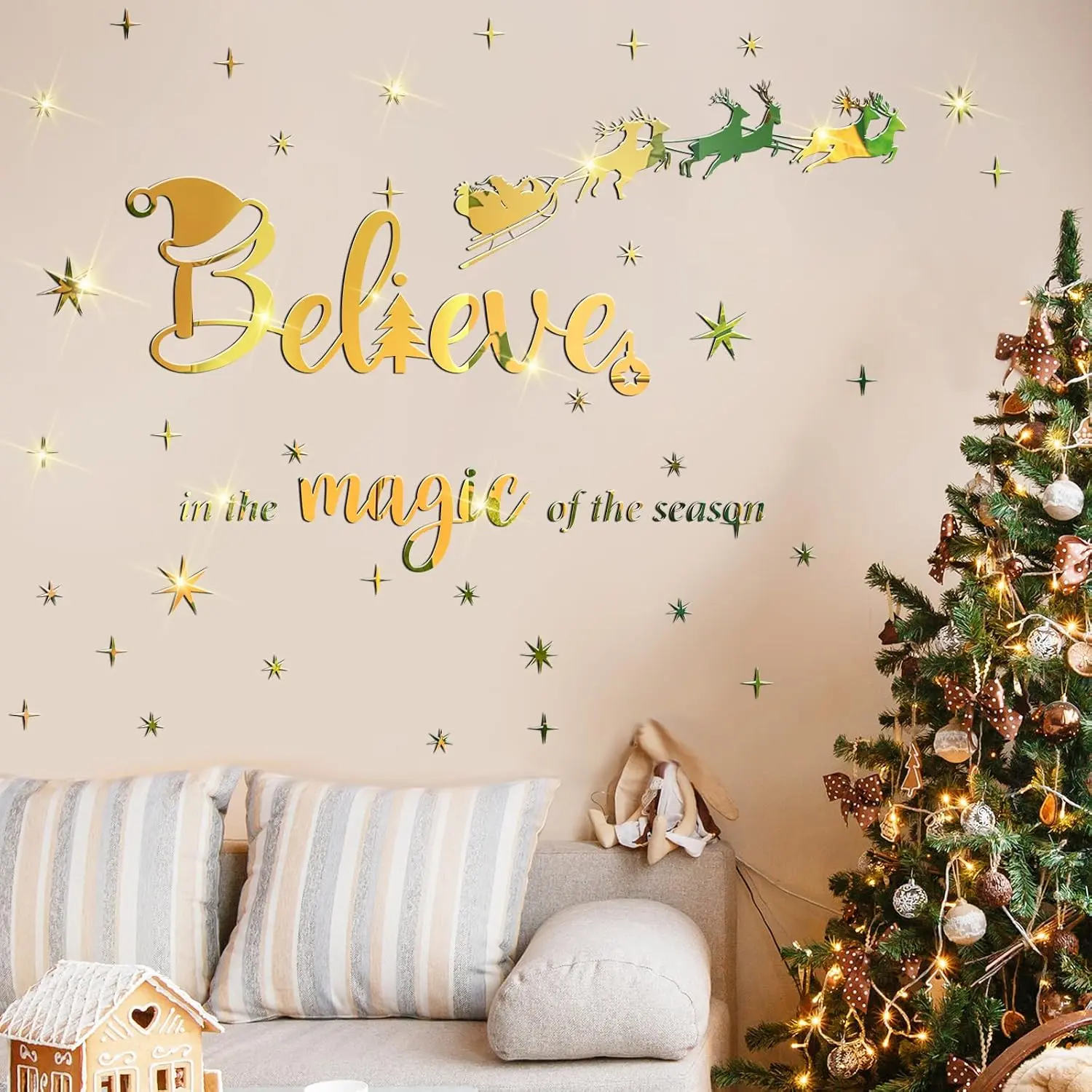 Christmas  Wall  Believe Quote Stickers  DIY Mirror Stickers Christmas Christ Wall Decor  Reindeer Snowflakes Window Clings Decal for  Window()