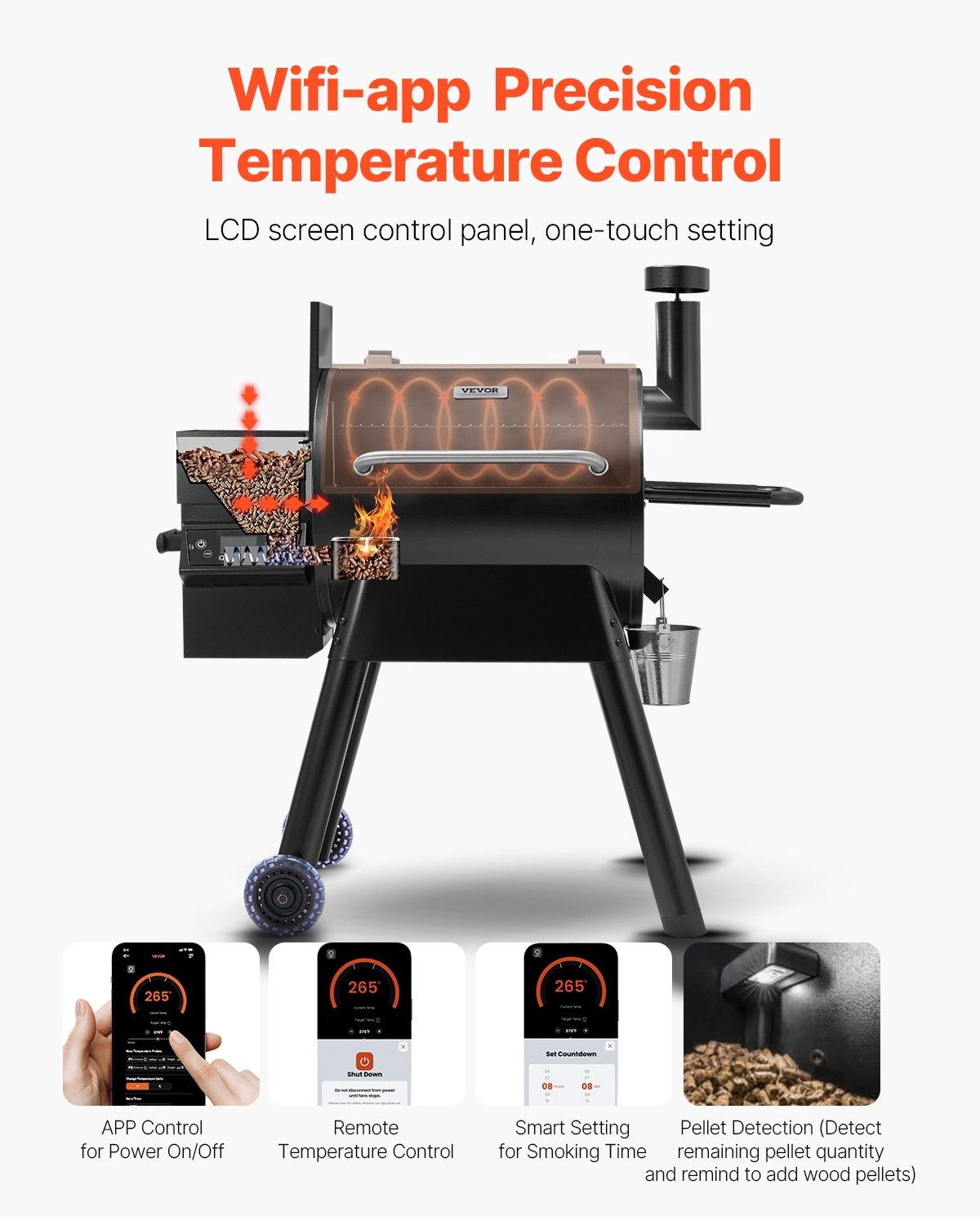 VEVOR Wood Pellet Grill Smoker, 8 in 1 BBQ Grills for Outdoor Cooking, 575 Square Inches Cook Area Electric Smokers, with WiFi-app Control, LCD Screen Controller, Meat Probe, 500 ° F Max Temperature VEVOR Wood Pellet Grill Smoker, 8 in 1 BBQ Grills for Outdoor Cooking, 575 Square Inches Cook Area Electric Smokers, with WiFi-app Control, LCD Screen Controller, Meat Probe, 500 ° F Max Temperature