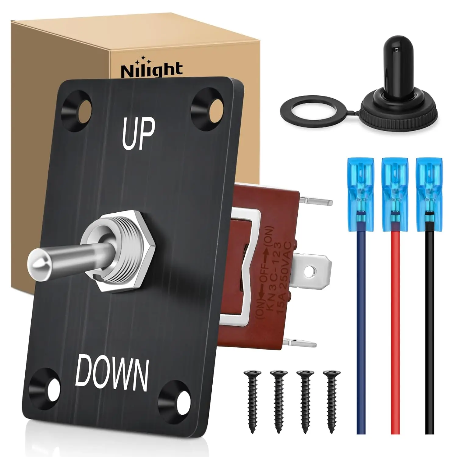 Nilight Heavy Duty Momentary Toggle Switch, IP65 Waterproof Brass Copper 3-Pin 3-Position (ON)-Off-(ON) SPDT 30A 12VDC, with Up-Down Mounting Panel & Weatherproof Cap for Marine/Car Automotive Users