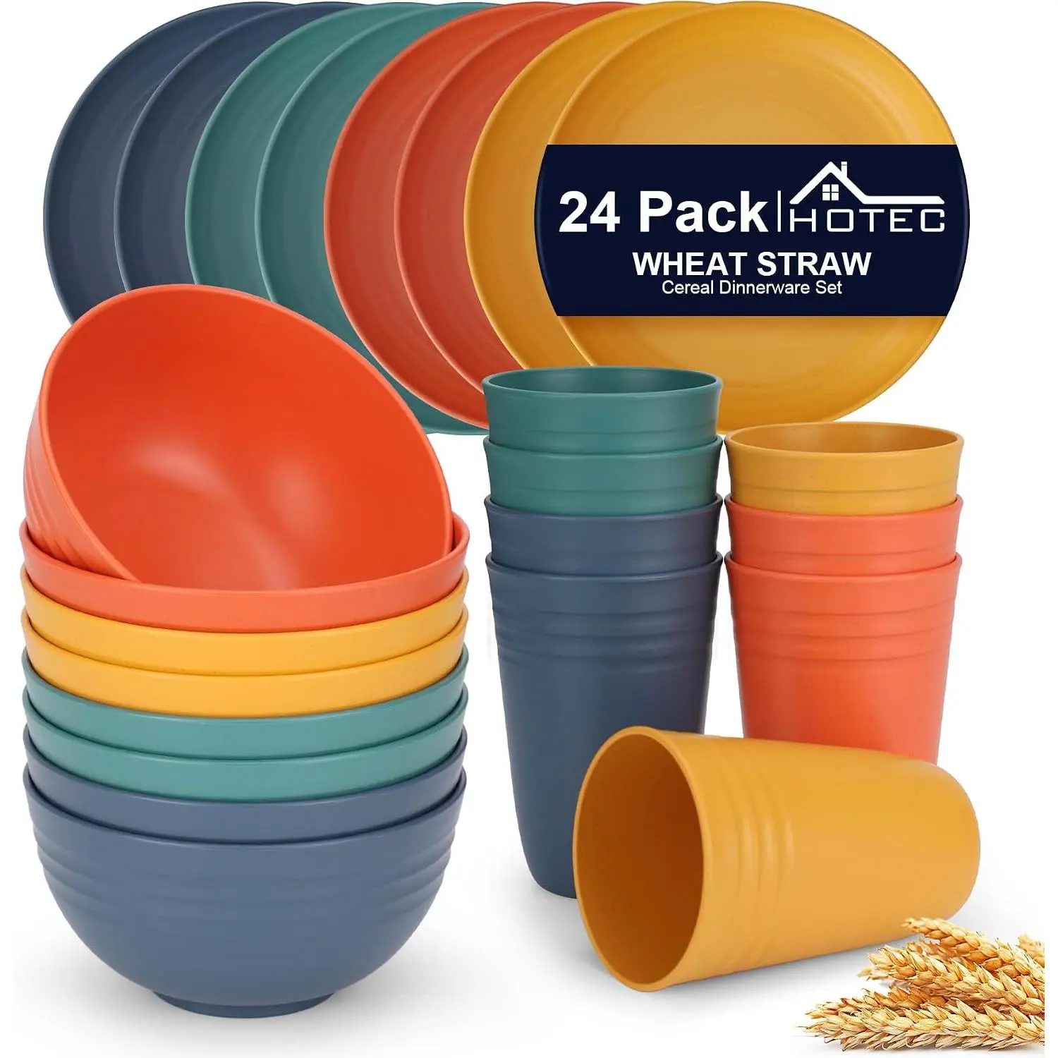 24-Pack Unbreakable Kitchen Plastic Wheat Straw Dinnerware Set –  Plates, Bowls & Cups | Lightweight, Microwave & Dishwasher Safe | Multicolor  Tableware for  & Outdoor Use