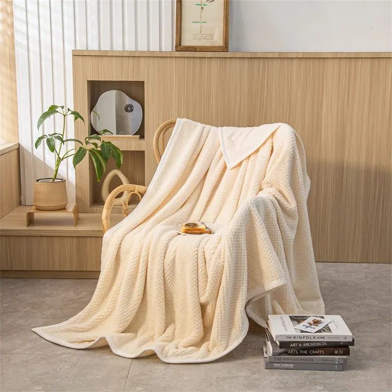 1pcs Pineapple Grid Beaded Flannel Throw Blanket, Soft Thick Plush Waffle Textured Cover, Machine Washable Multi-Purpose Leisure Blanket For Sofa Bedroom Office Nap All Season Single Blanket