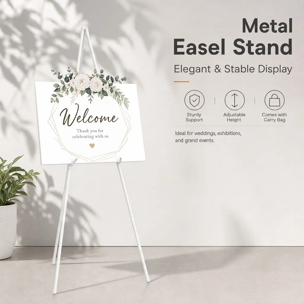 Metal Easel, Adjustable Height Tripod Display Stand, Includes Storage Bag, Ideal for Wedding Signage, Art Boards, Exhibitions, Parties