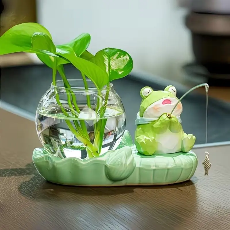 Cute Fish Tank Hydroponic Flower Pot, Ceramic Cat/frog Shape Decorative Vase, Office Culture Vase, Lazy Man Hydroponic Kit, Desk Healing Gift