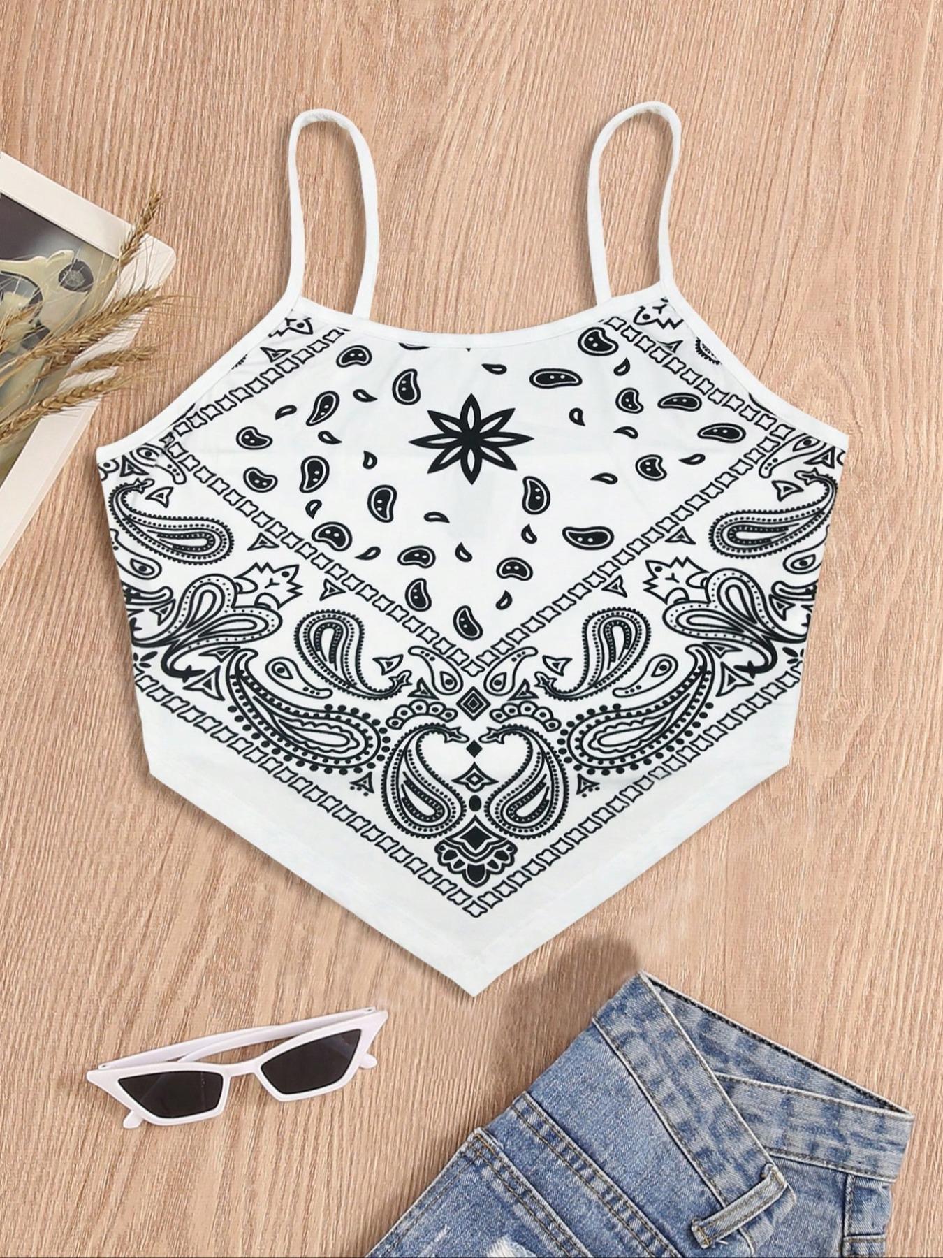 Women's Paisley Print Asymmetrical Hem Crop Cami Top, Summer Clothes Women, Boho Style Sleeveless Cropped Top for Summer, Fashion Casual Ladies Top for Beach Vacation Holiday