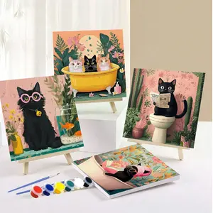 4pcs Paint By Numbers Kit for Adults Beginners -20x20cm / 8x8in Color Canvas, Easy DIY Daily Life of Kittens Acrylic Painting Set - Wall Decor for Living Room and Bedroom, Creative Gift for Birthday, Mother's Day and Christmas, Without Frame