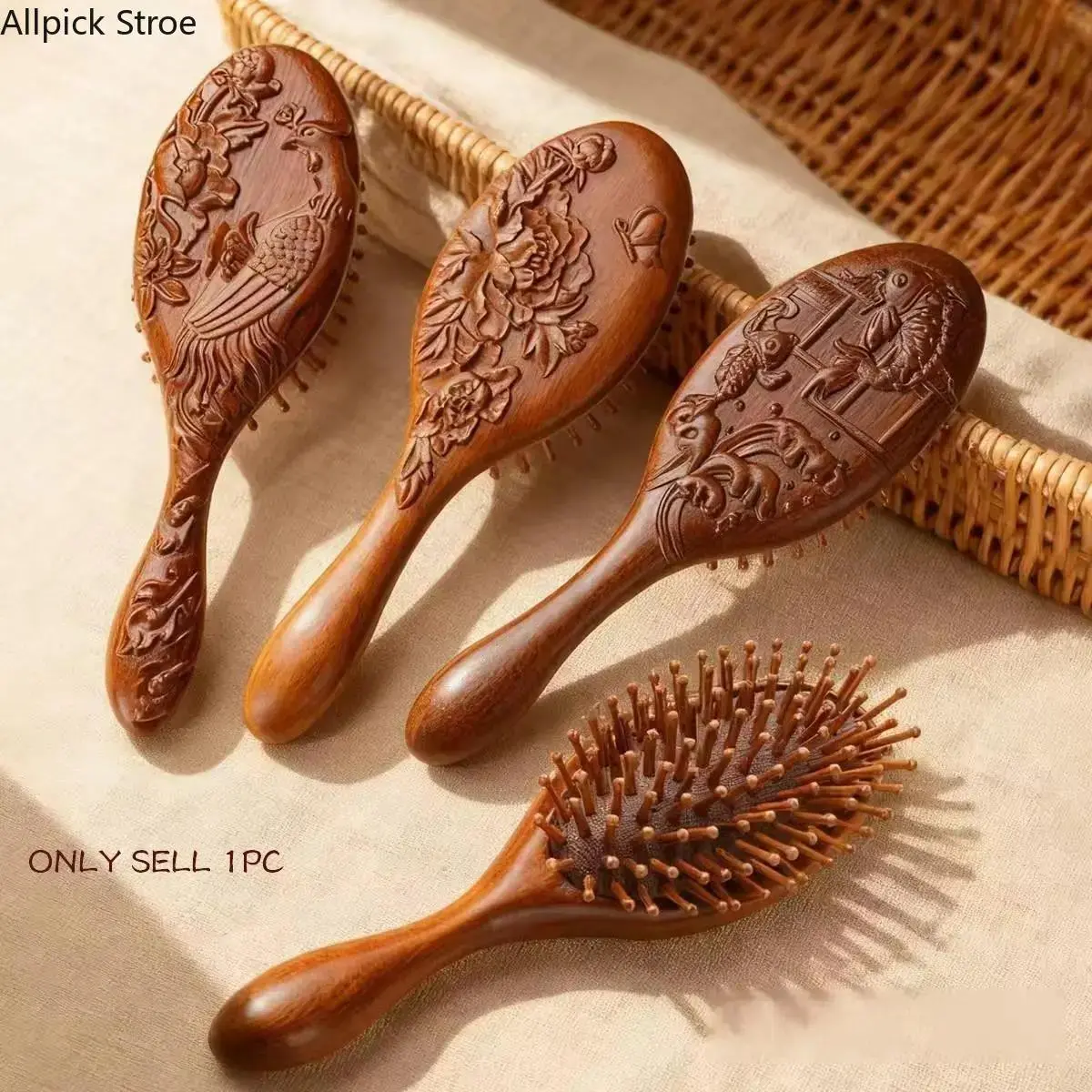 1pc Natural Material Cushion Massage Comb - Carved Phoenix Koi Orchid Peony Patterns, Soft Design Women's Scalp Massager for Home Use & Relaxation, Hair Care Tool Gift (Bag Charm Accessory) Home Use