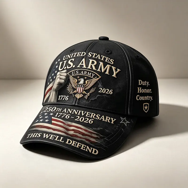 3D Digital Print Lettering Baseball Cap - U.S. Army 250th Anniversary Commemorative Emblem (1776–2026) - "This Is the Land We Defend." A collectible piece suitable for both Army events and everyday wear, featuring a commemorative design dedicated to 250 y