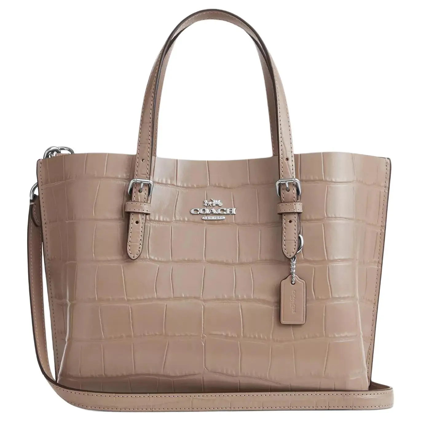 Coach Mollie Crocodile-Embossed Leather Tote Bag for Women, Metallic Logo, Stone and Silver