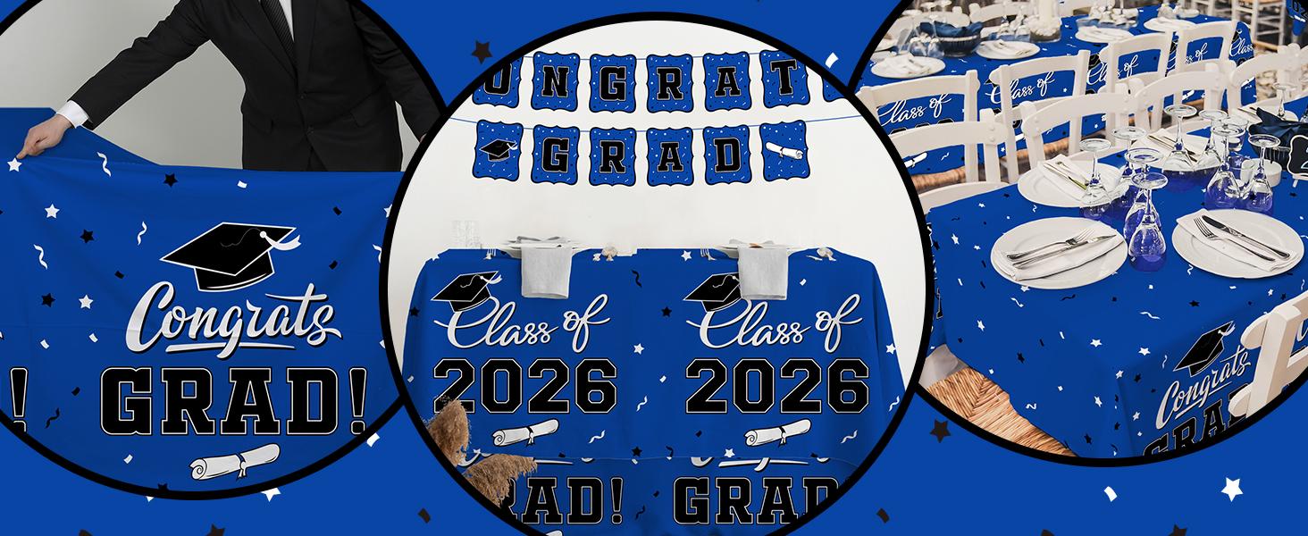 2026 Graduation Decorations : 2-Pack Congrats Grad Disposable Tablecovers - Class of 2026 Blue Themed Table Cloths, for Graduation Party Supplies & Graduation Backdrop, 54" X 108"