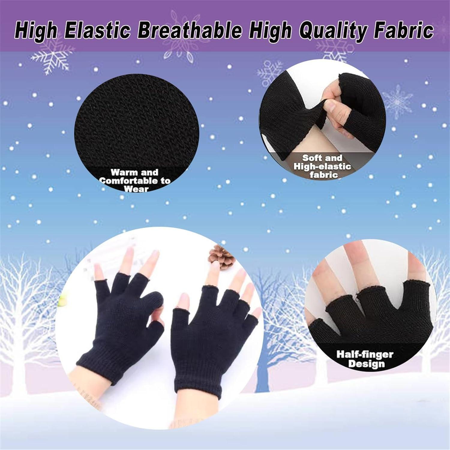 3-Pair Winter Fingerless Gloves for Women, Men & Teens, Black Knit Half Finger Touchscreen Gloves, Warm Stretchy for Writing, Working & Driving