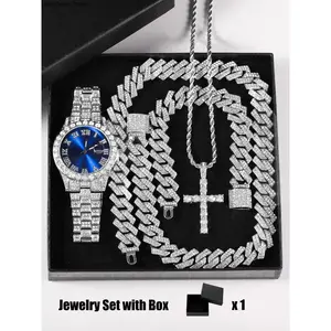 Luxury Punk Watch Set with Necklace Bracelet Cross Pendant, Analog Quartz Movement, Adjustable Strap, Unisex Gift Box for All Seasons, Fashionable Jewelry Set