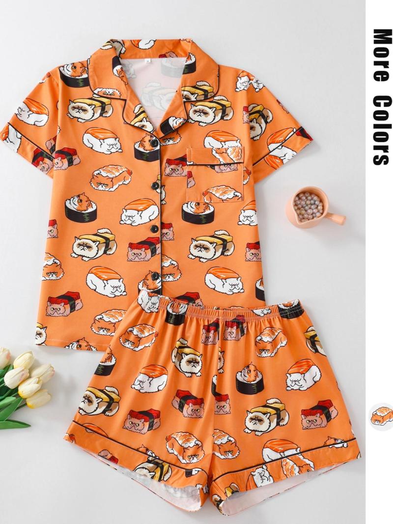 Women's All Over Cartoon Cat Print Short Sleeve Pajama Two-Piece Set, Regular Fit Casual Comfy Shortsleeve Button Front Chest Pocket Design Lapel Neck Top & Elastic Waist Shorts PJ Set, Ladies Sleepwear for All Seasons