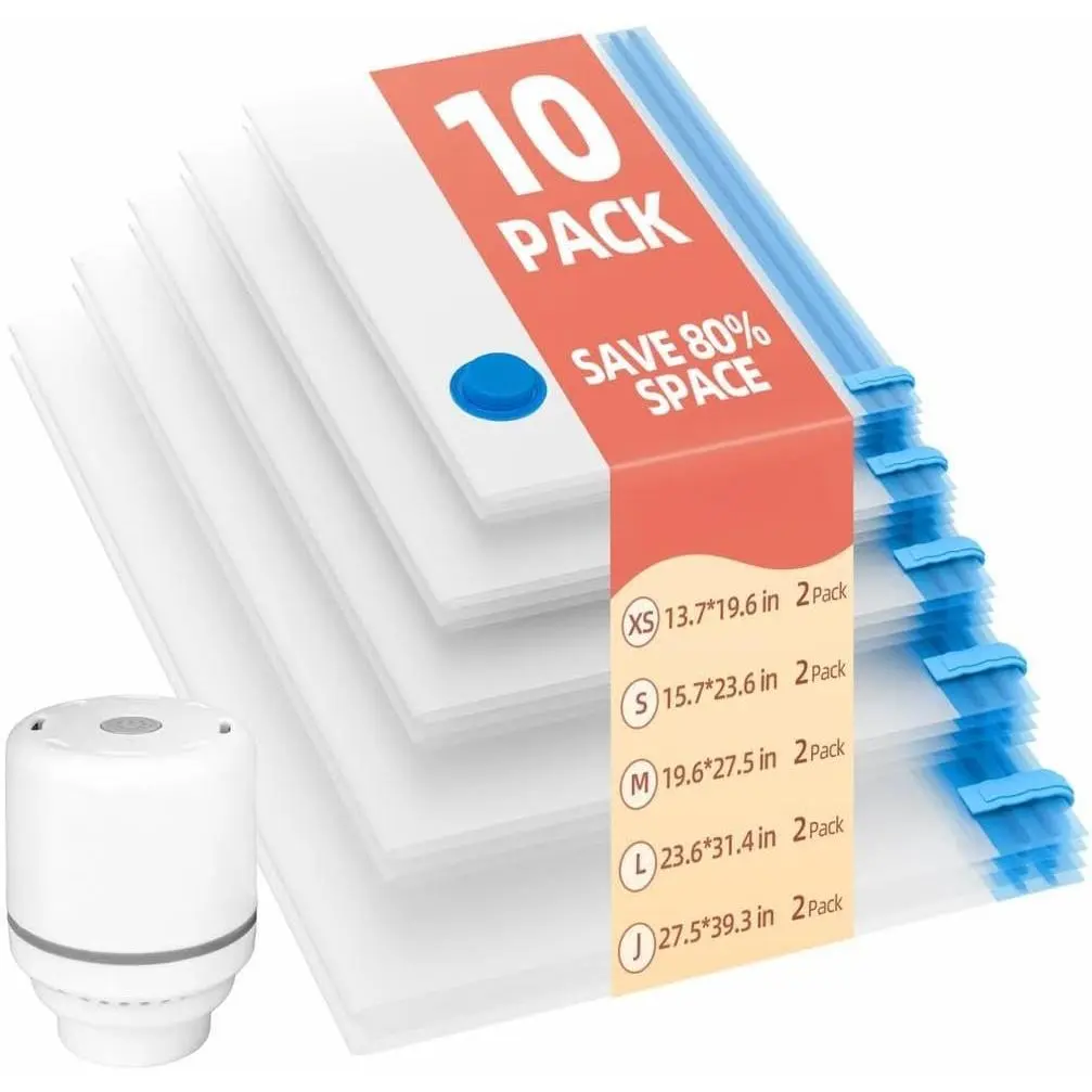 Vacuum Storage Bags with Electric Pump, 10 Pack | Electric pump vacuum bags compress clothes, blankets and bedding to save space. 10 sizes protect items from dust and