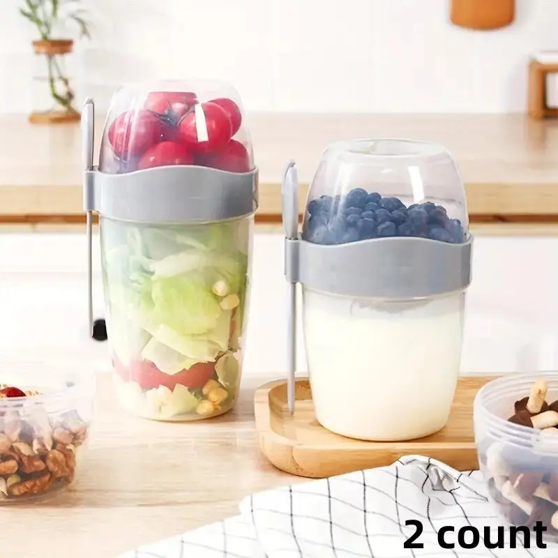 Salad Shaker Cup with Fork & Salad Dressing Holder, 2 Counts/set Random Color Portable Salad Container, Food Container, Lunch Boxes for Home Kitchen