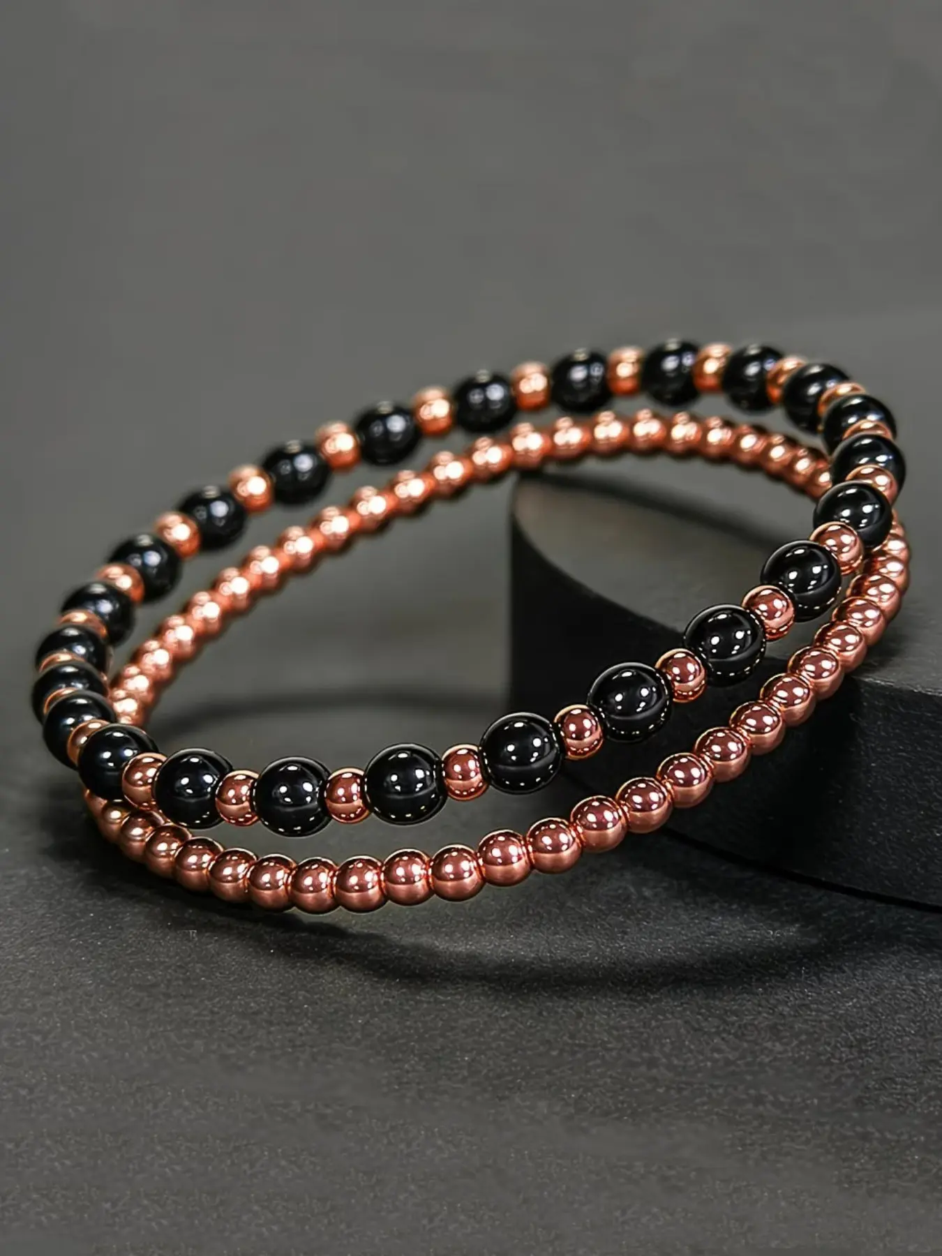 2pcs Vintage Copper Color Magnet Stone Bracelet, Fashionable Bracelet Style, High-End Casual Accessory, All Seasons Wear, Stone Chain Material, All over Print, Stacked Bracelets, Jewelry Bracelets