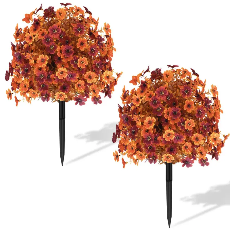 2 Pack Autumn Orange Artificial Flowers with Stakes UV Resistant Faux Flowers Realistic Outdoor Garden Yard Cemetery Decor