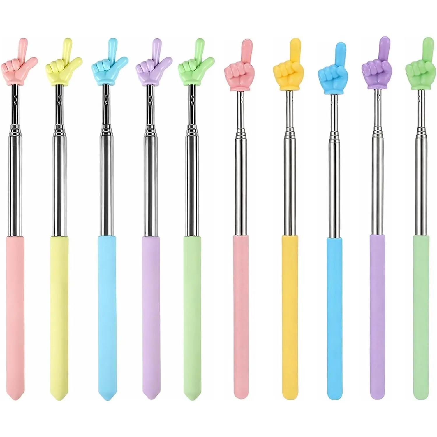 10 Pack Telescopic Teacher Pointer Stick, Retractable, Stainless Steel, Finger-Shaped, 8.46 to 27.35 Inches, for Whiteboard and Classroom Presentation (Colors)
