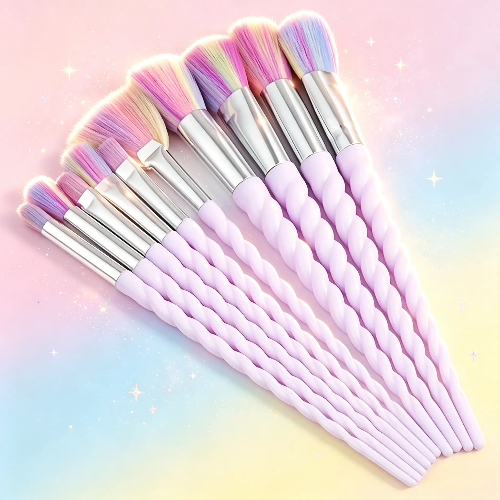 Girly Iridescent Unicorn Makeup Brush Set, Twist Non-slip Handle Rainbow Gradient Bristles, 10 Sizes For Base & Eye Makeup, Portable Laser Bag For On-the-go Touch-up