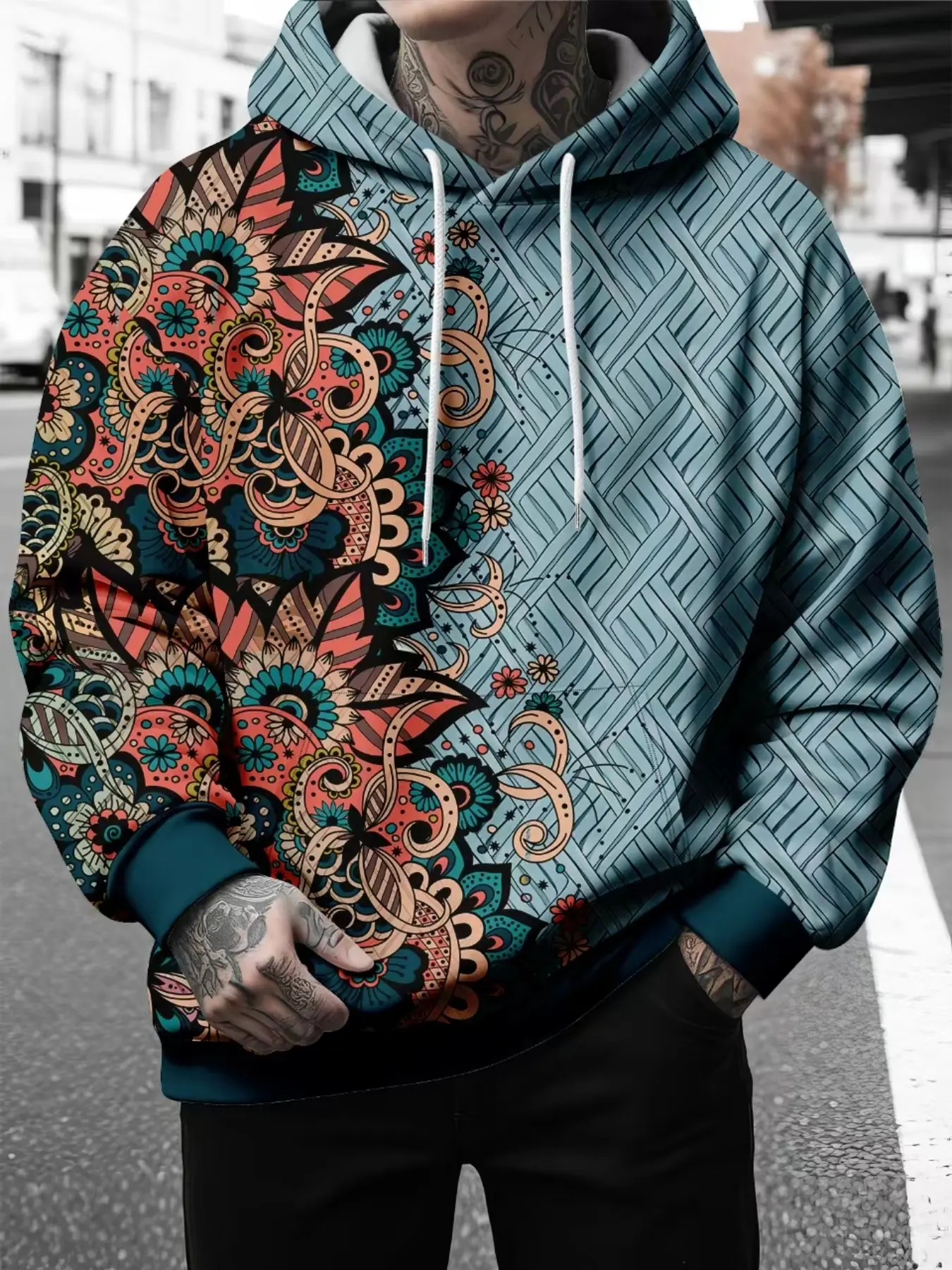 Men's Bohemian Mandala Floral Geometric Split Print Drawstring Hoodie, Vintage Ethnic Pattern Long Sleeve Pullover Sweatshirt For Street Daily Casual Wear