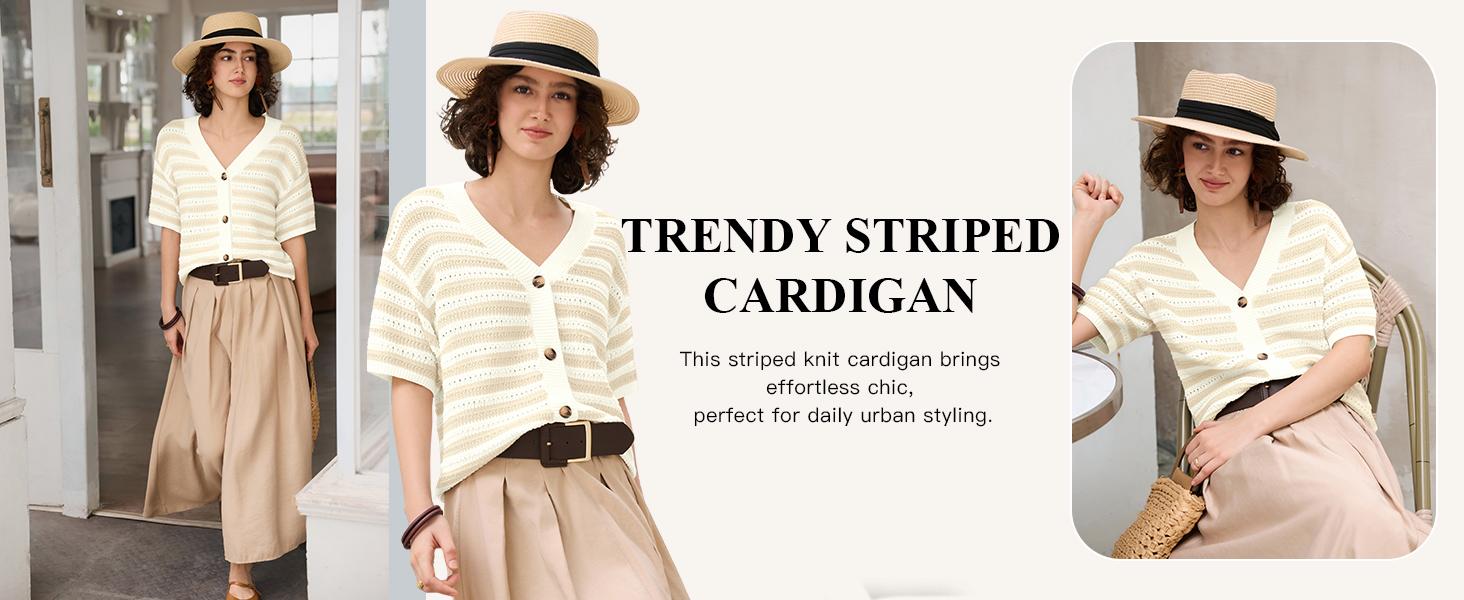 Saodimallsu Womens Short Sleeve Striped Cardigan Sweaters Crochet Knit Button Down Shirts V Neck Spring Summer Tops