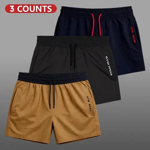 Men's 3-Pack Woven Elastic Waist Heat-Ready Shorts, Plain Solid Color, Drawstring, Deep Fitted Cut Pockets, Above-the-Knee, Breathable Athleisure Bottoms for Summer Daily Wear, Gym Use