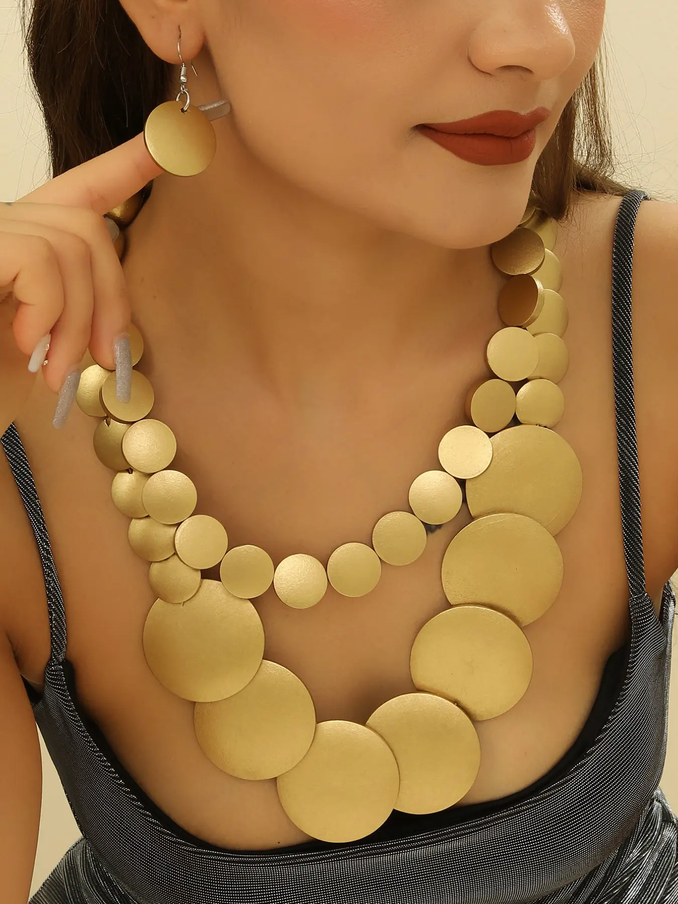 Matte Multi-Size Layered Necklace and Earrings Set, Boho Style Metal Jewelry, Party and Daily Wear Accessories for Women