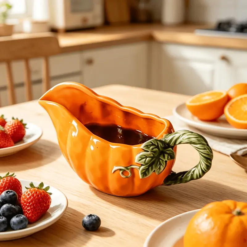 1Pcs Pumpkin Ceramic Gravy Boat, Household Steak Sauce Dish, Salad Cream Pitcher, Halloween Table Decor Gift
