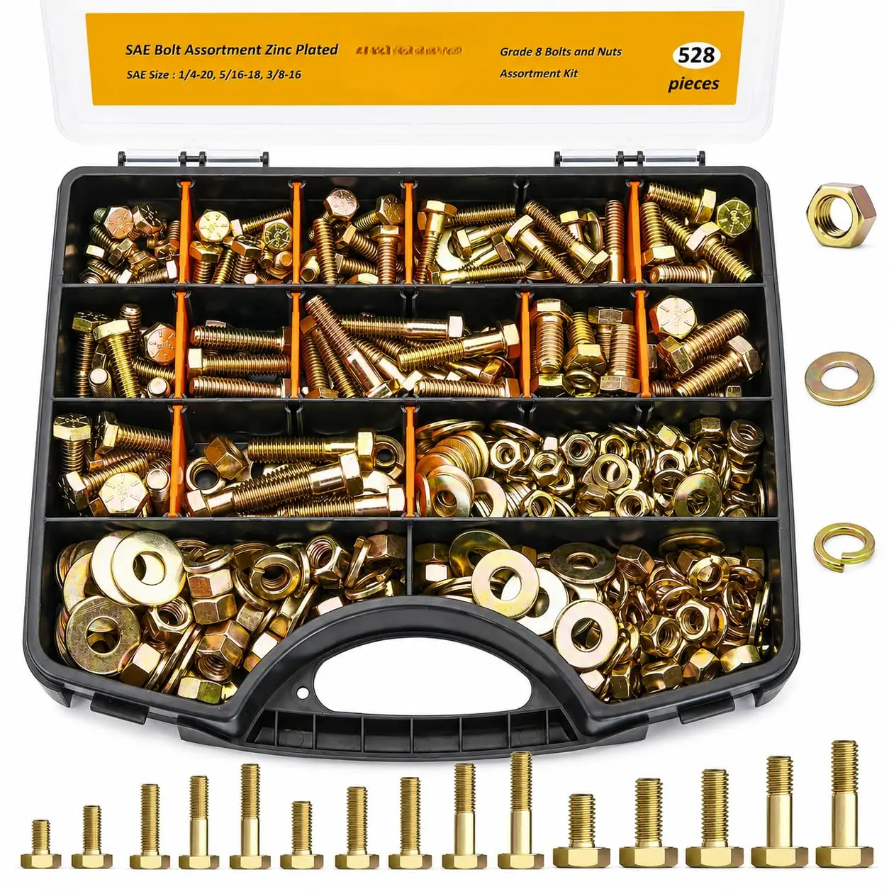 528Pcs Grade 8 Bolts and Nuts Assortment Kit, SAE Hex Bolt Hardware Set