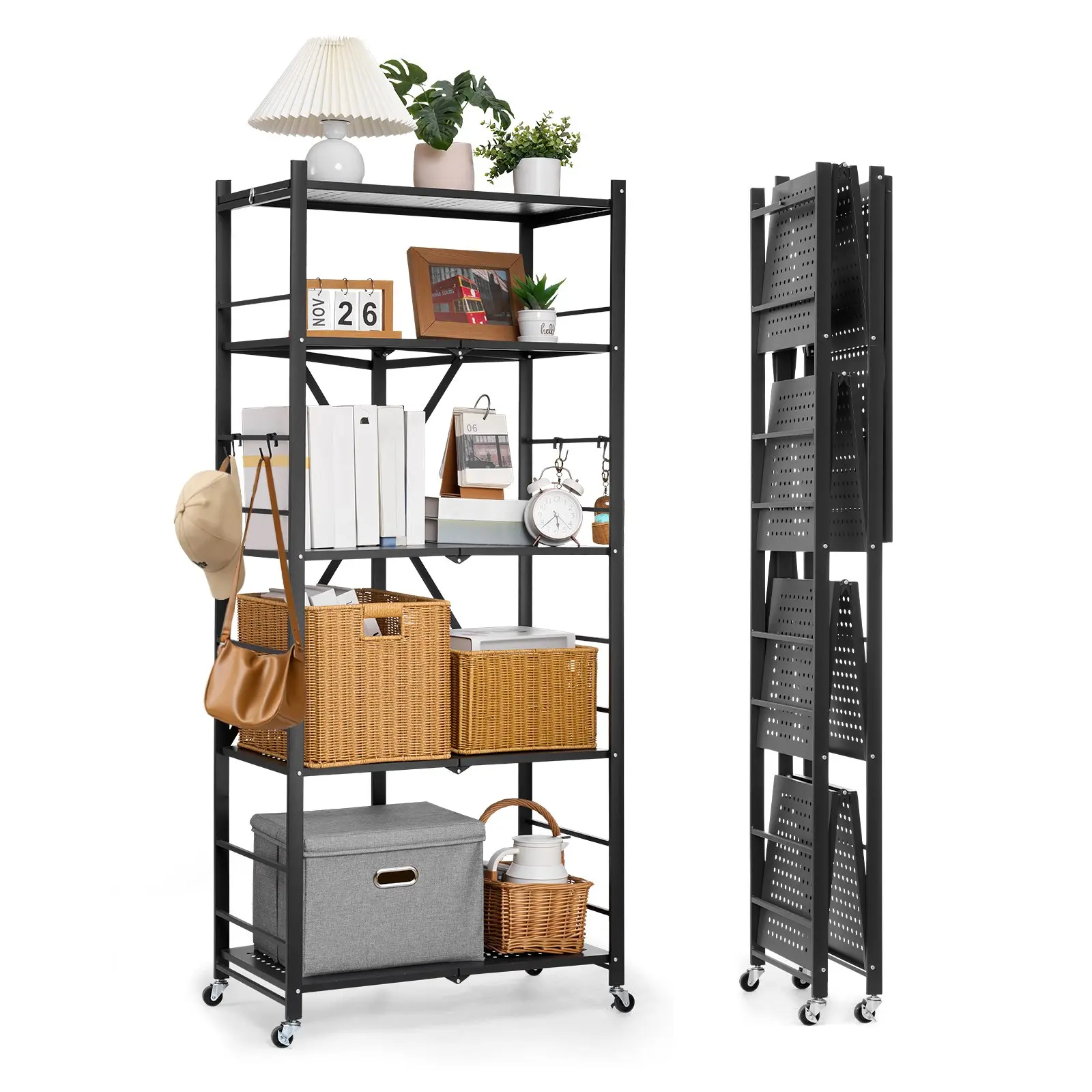 VEVOR Multifunctional 5-Tier Carbon Steel Foldable Storage Shelf, 28Wx15Dx64H in Folding Rack with Buckle, 5 Wheels, 4 Hooks, No-Assembly Indoor Multi-Layer Organizer for Garage, Kitchen, Black Shelving