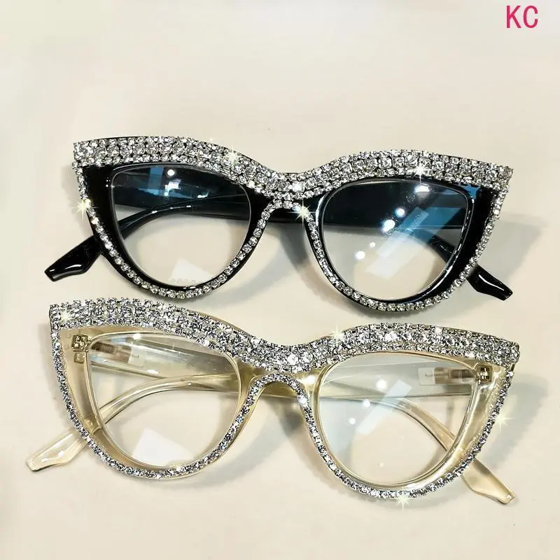 2 Pcs Rhinestone Cat Eye Eyeglasses For Women, Full Frame Polycarbonate Anti Blue Light Lenses In Black And Translucent Frames As Decorative Daily Eyewear