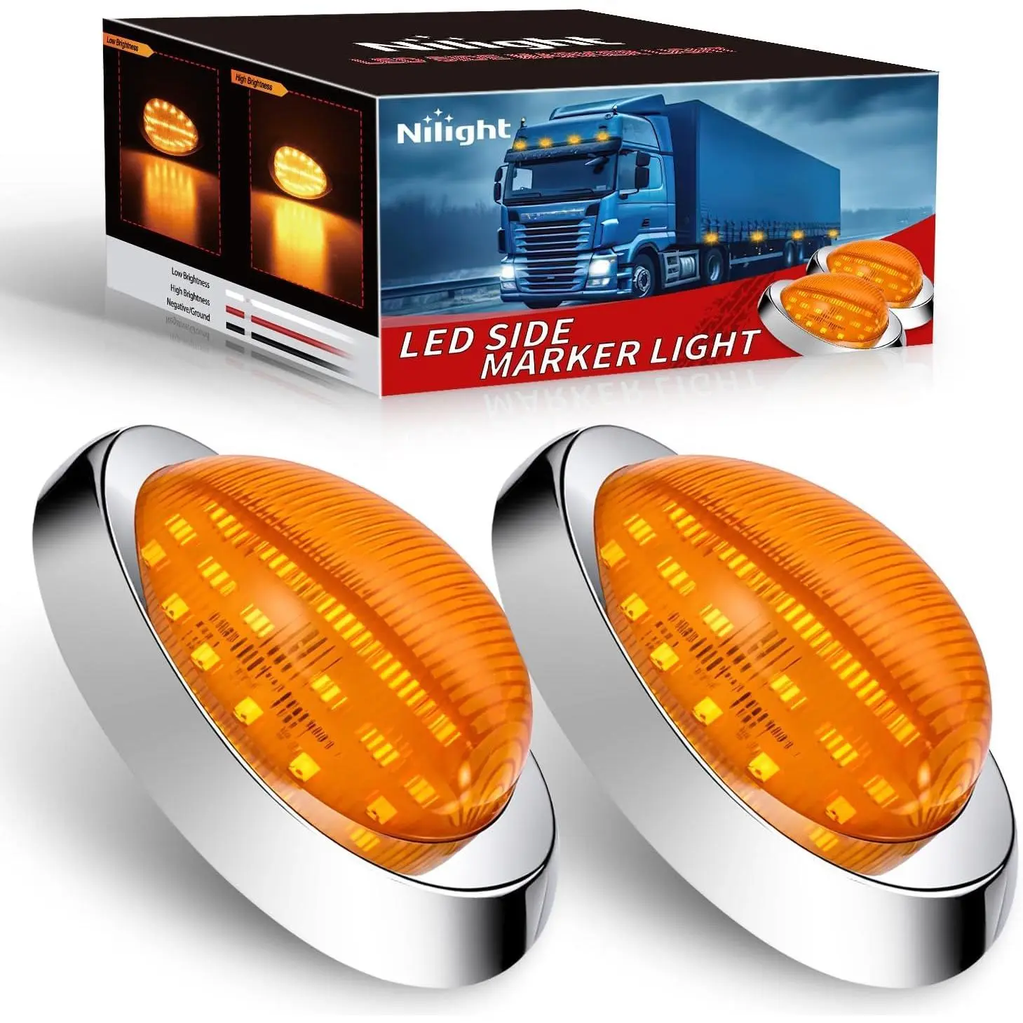 Nilight 2PCS 6in Amber Teardrop Oval Side Marker Lights with Turn Signals, 18 LED PC Lens Chrome Housing, IP67 Waterproof Dual Mode ABS Universal Surface Mount Lamp for Freightliner Trucks Trailers