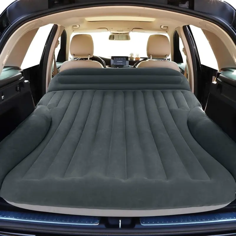 SUV Air Mattress - Double-Sided Thick Flocked Car Mattress with Built-in Pump, Built-in Pillows, Complete Accessories for Auto Camping, Outdoor Sleeping (Green+Charcoal)