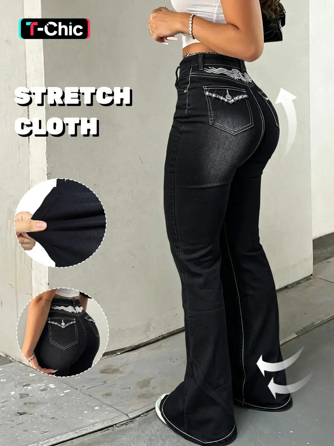 GILIPUR Women's Black Washed Mid Waist Butt Lifting Flare Jeans, High Stretch Rhinestone Wing Embroidery Back Pockets Bootcut Denim Pants, Y2K Vintage Casual Streetwear Date Night Party Outfits for Women TChic