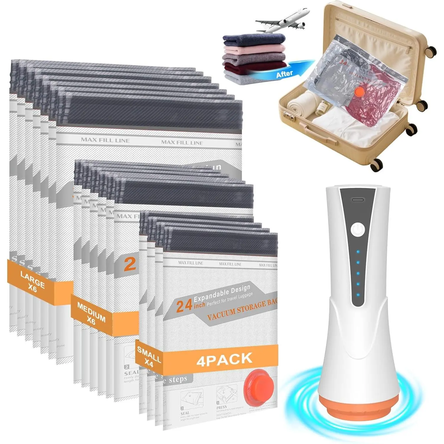 Vacuum Storage Bags for Travel with Rechargeable Air Pump - 16 Pack Vacuum Seal Bags for Clothing Space Saver, Compression Packing Bags for Suitcase Luggage, Blankets, Bedding, Seasonal Storage