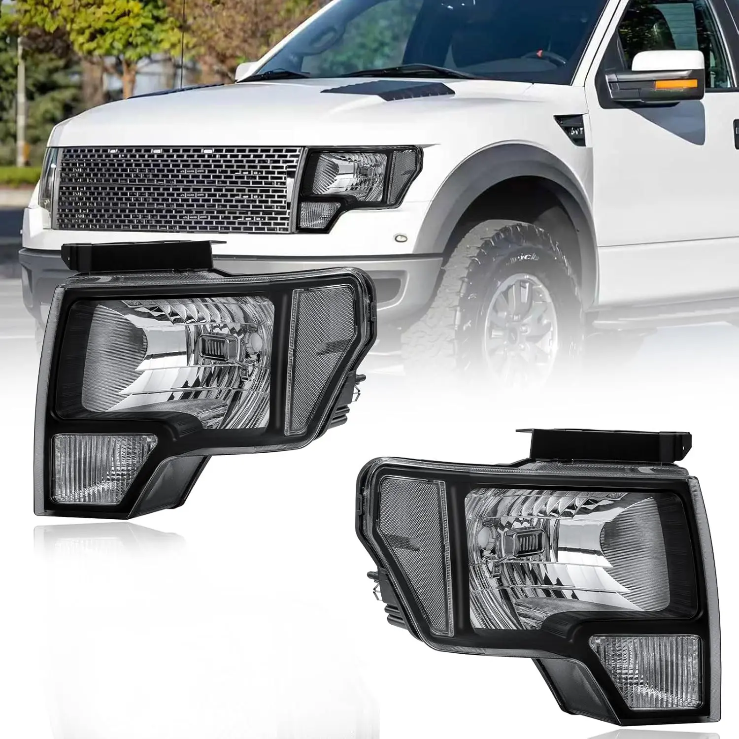 Halogen Headlights for 2009-2014 Ford F-150 F-Series Pickup Truck, Factory Fit Clear/Black Clear Reflector Black Housing Headlight Assembly