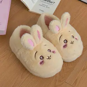 Chiikawa Usagi Cute Cotton Slippers for Women Winter Warm Lined Non-slip Indoor Outdoor Home Shoes Cozy Soft Slippers Girl Gift
