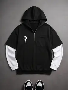 Men's Fashion Two-Piece Hoodie, Half-Zip Open Front, Loose Fit, Colorblock Design, Unique Print, Casual Daily Wear, Versatile Style