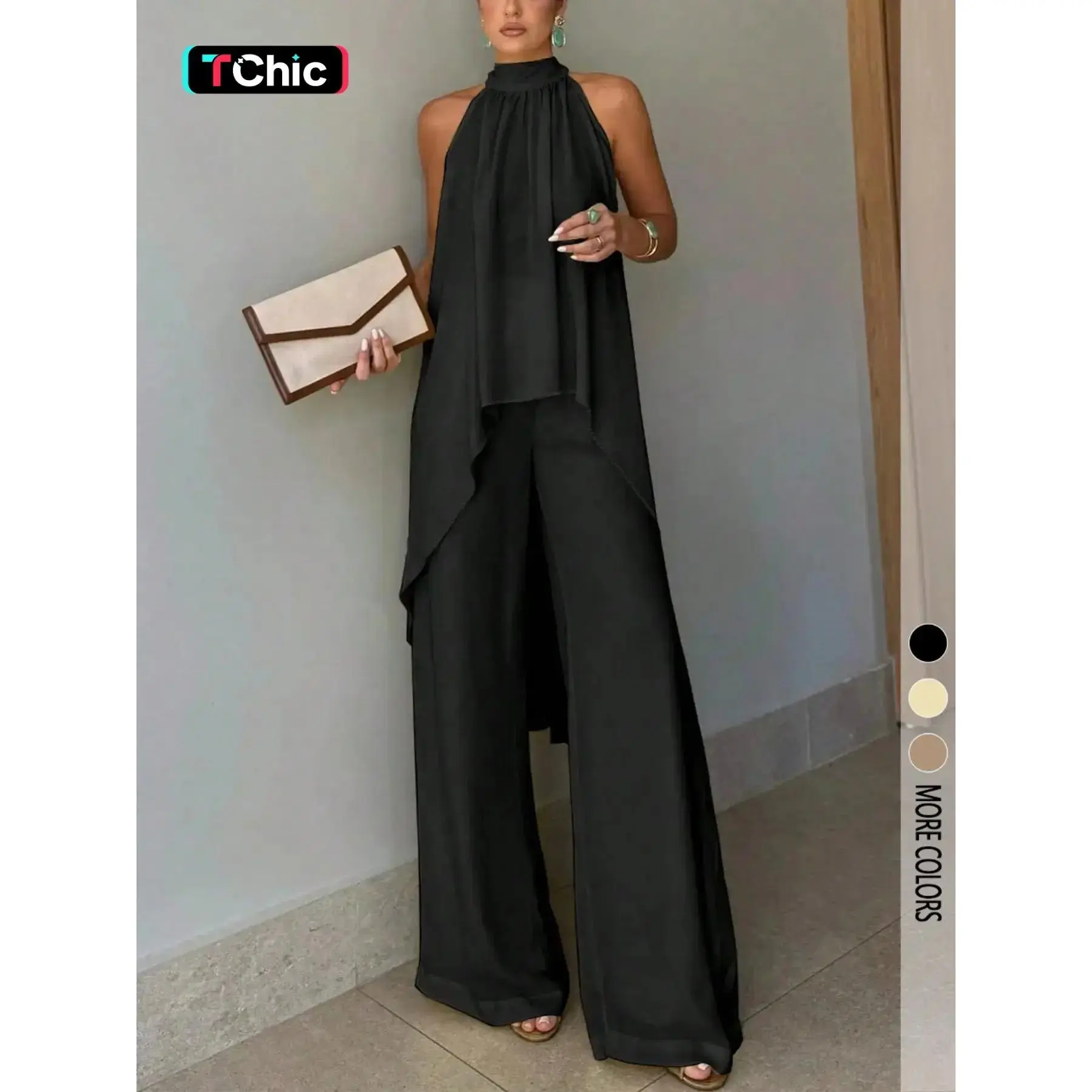 2pcs Set Solid Color Elegant Casual Party Front Short Back Long Twist Halter Neck Long Top & Pants Women Suit, Vacation & Date Outfit, Spring/Summer