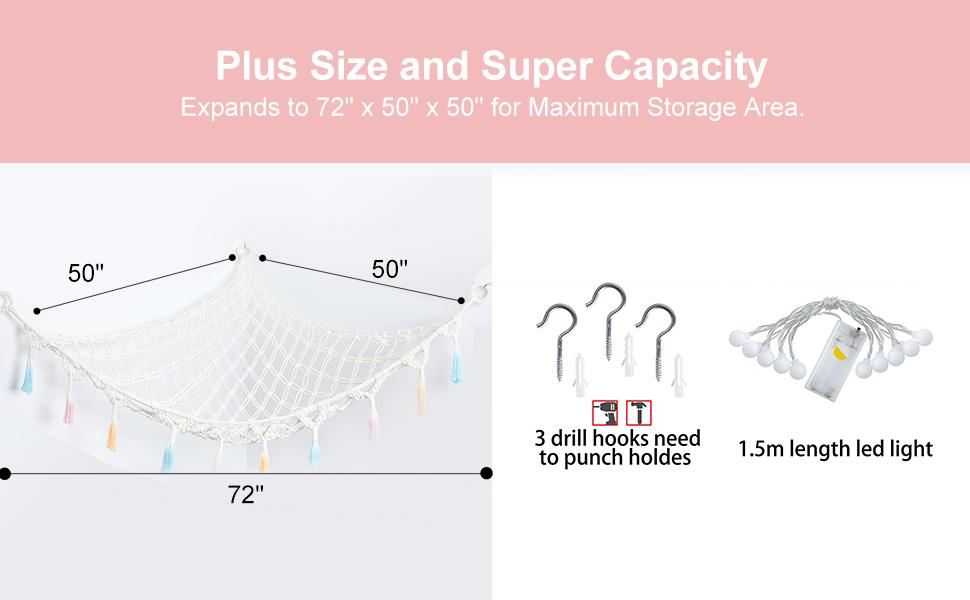 Stuffed Animal Net or Hammock with Light, Macrame Hanging Net Hammock for Stuffed Animal Toy Storage Organizer Boho Decor Room Holder for Nursery Play Room Bedroom (Black(55"*55"*72"))