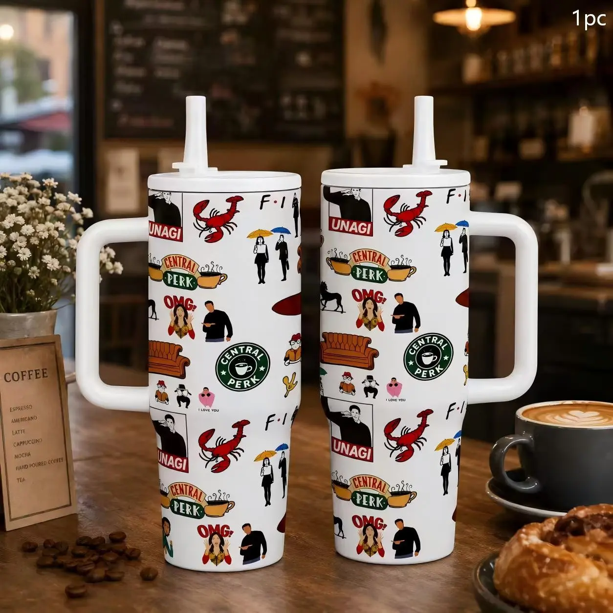 1pc Friends Central Perk 40oz Insulated Vacuum Tumbler With Handle Lid Straw, Classic Sitcom Character Iconic Quotes & Scenes Collage Insulated Stainless Steel Travel Cup, Leakproof Coffee Mug Gift For TV Series Fans Car Office Daily Use