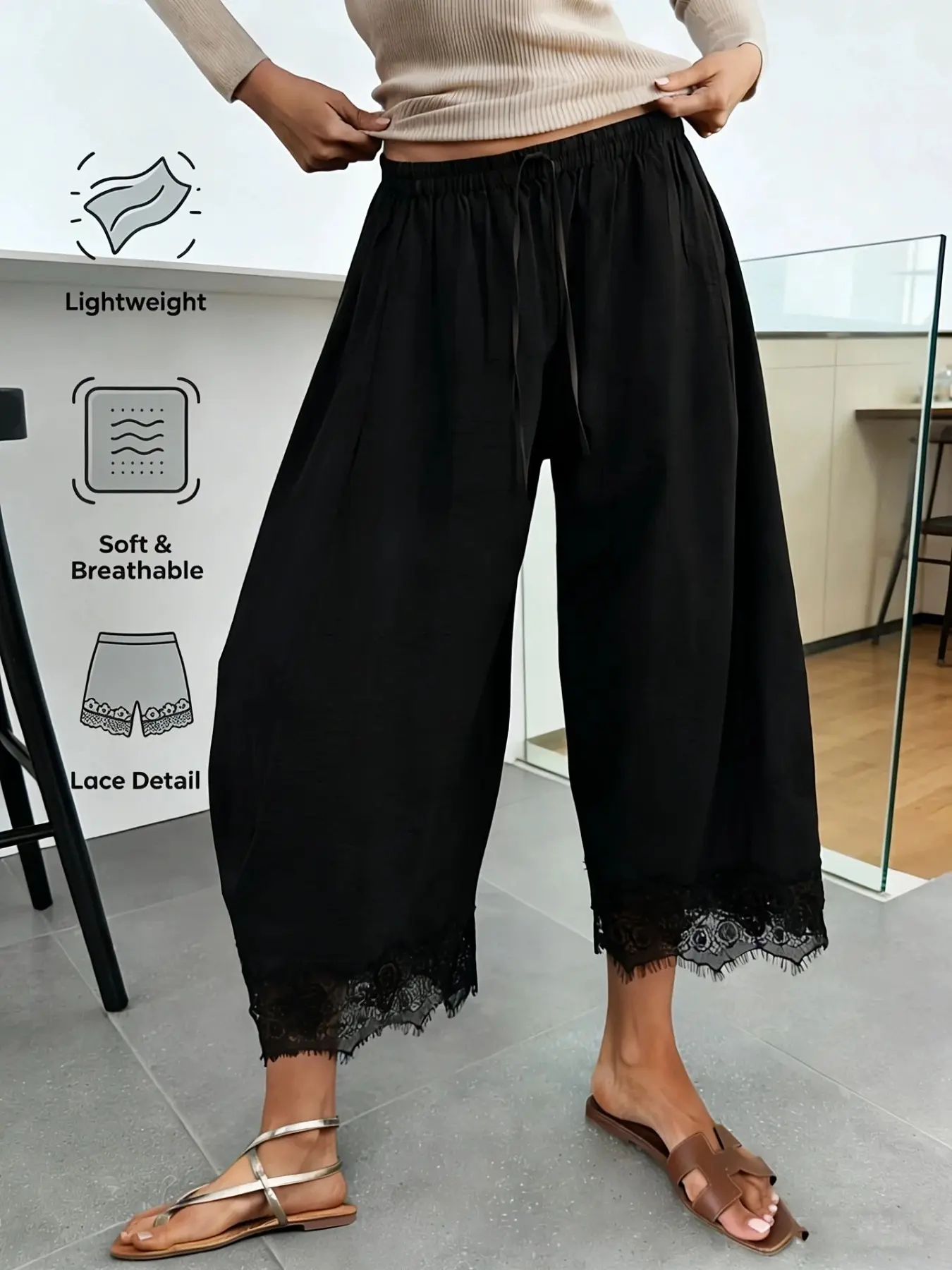 2026 Summer New Lazy Style Flowy Wide Leg Pants, Lace Hem High Waist Loose Fit Slimming Nine-Inch Pants, Festival Vacation Casual Lantern Pants