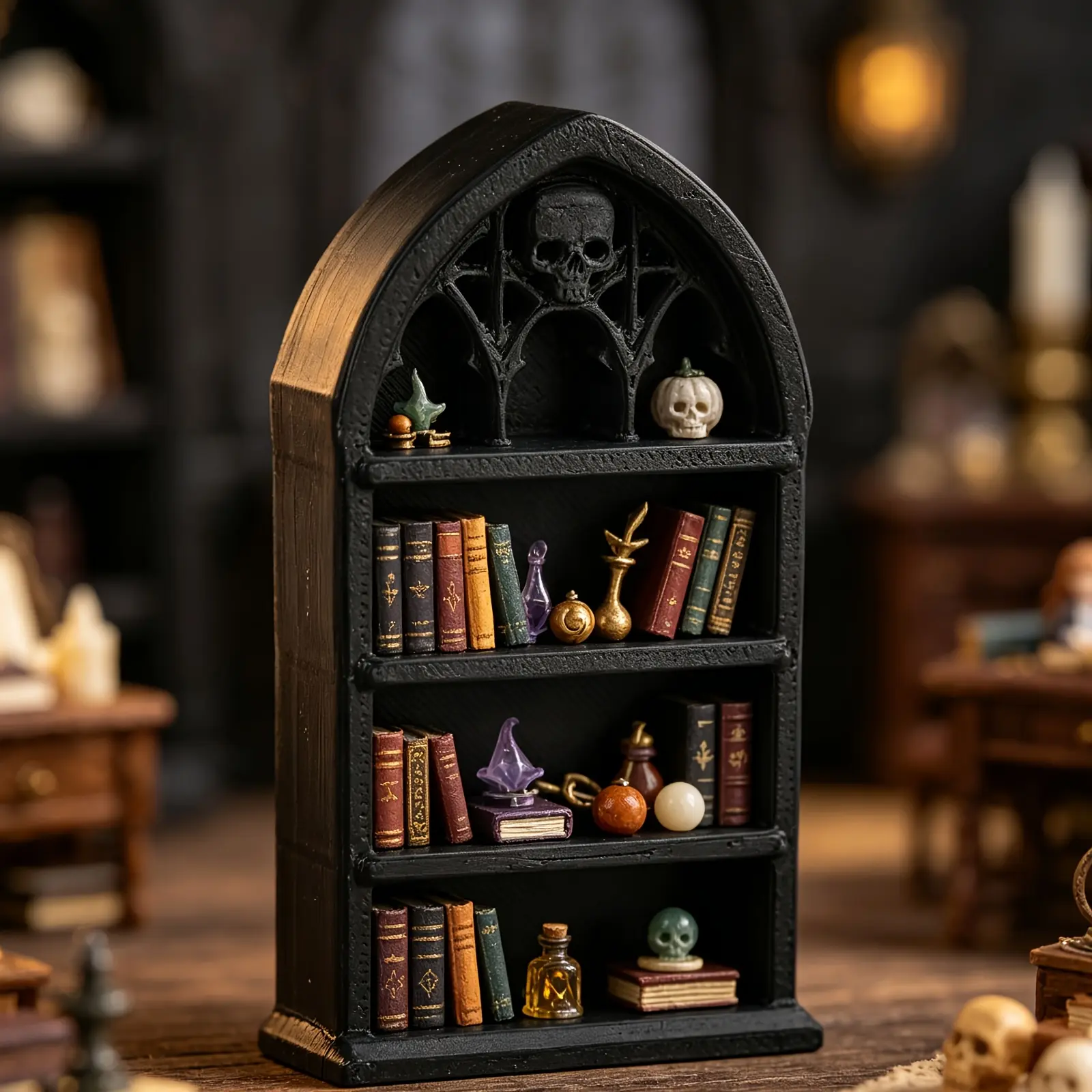 Dark Gothic Mini Bookshelf, Vintage Church Arch Design with Skull Carving, Exudes Mysterious Atmosphere, 3-Tier Storage for Mini Ornaments And Jewelry, Practical And Decorative for Dark Aesthetic Home Decor