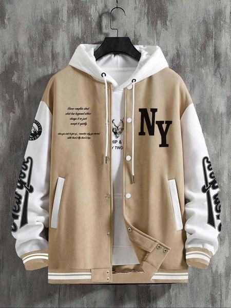 Men's Letter Print Baseball Collar Bomber Jacket, Loose Casual Sporty Long Sleeve Varsity Jacket for Fall & Winter, Men's Outerwear for Daily Wear Men's Letter Print Baseball Collar Bomber Jacket, Loose Casual Sporty Long Sleeve Varsity Jacket for Fall & Winter, Men's Outerwear for Daily Wear