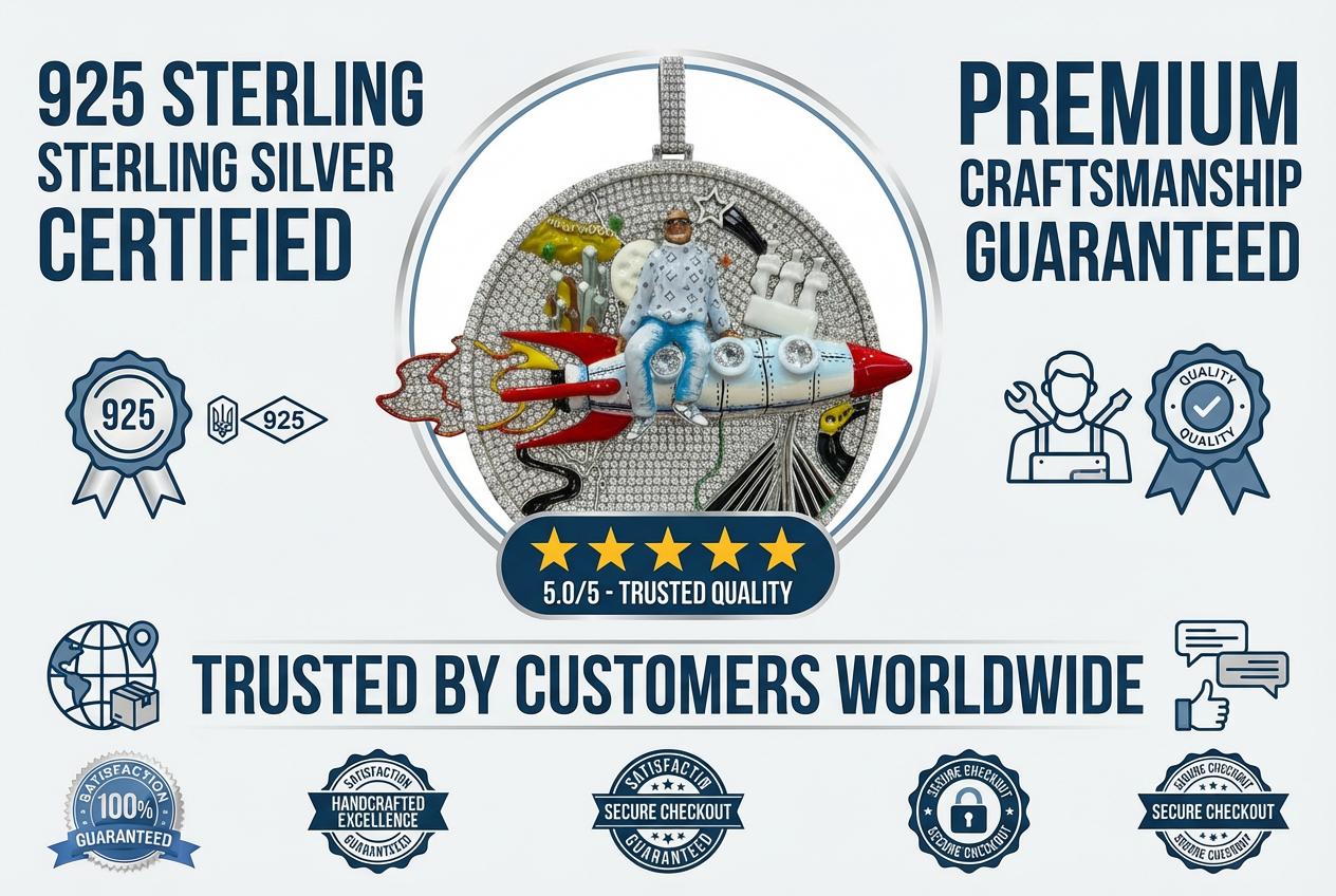 Huge Iced Out 3D Rocket Man Enamel Medallion Pendant, Colorful Cityscape Hip Hop Statement Jewelry, 925 Silver Tone with 4mm Rope Chain