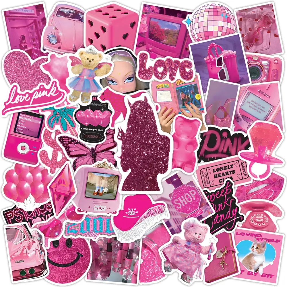 50Pcs Hot Pink Y2K Aesthetic Cartoon Stickers, Girly Glitter Disco Bear Vintage Decor Decals, Planner Accessories Office Products Back To School Supplies for Scrapbook Journal Notebook DIY Crafts