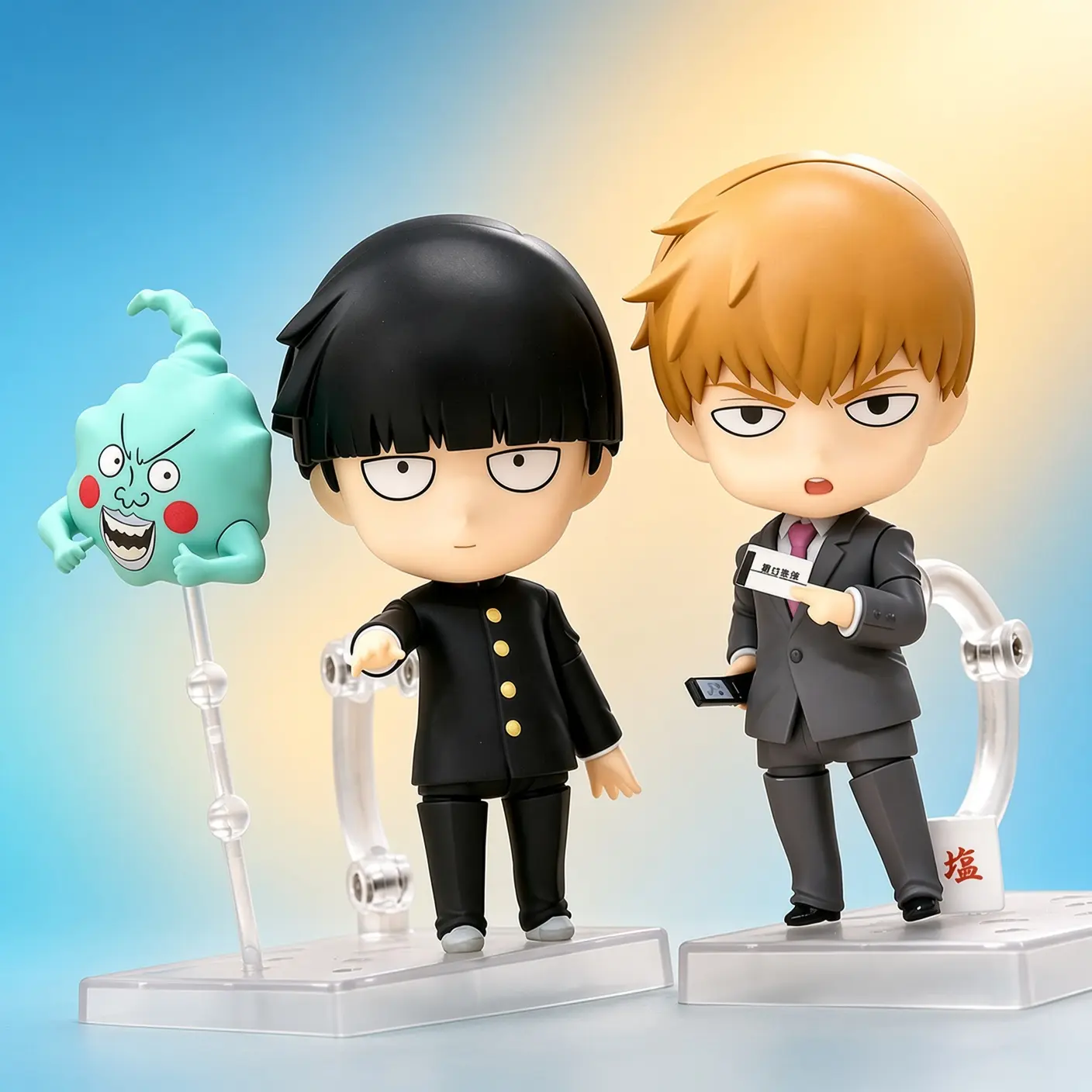 Mob Psycho 100 Q Version Action Figures, Shigeo Kageyama #1913 & Arataka Reigen #1922, Fully Articulated Chibi Dolls with Interchangeable Faces & Accessories, Collectible Anime Statues Boxed Model Toys for Fans