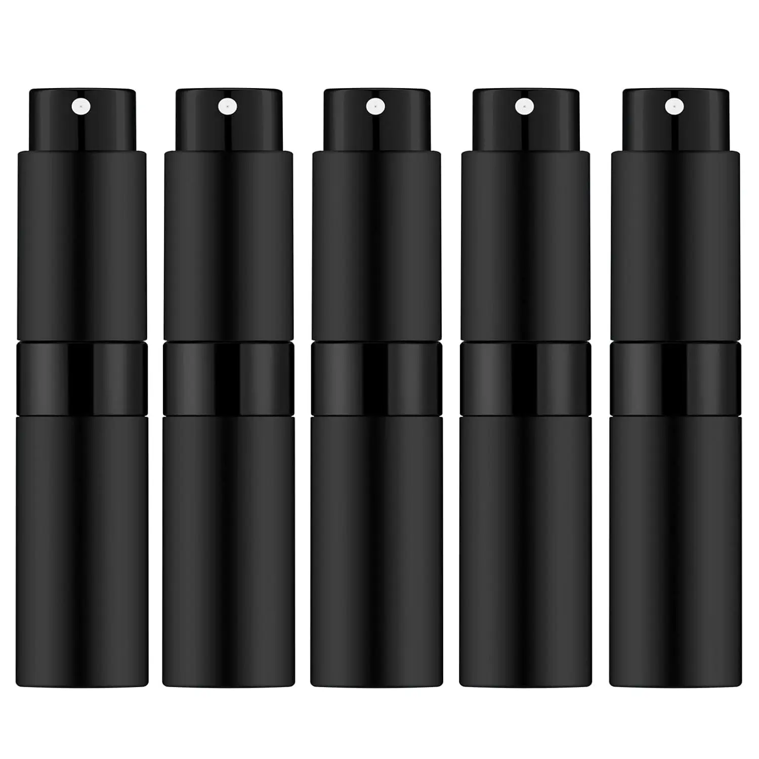 Matte Black Refillable Perfume Atomizer Set Pack (5 Pieces, 8ml) - Glass & Aluminum Compact Travel Spray Bottles (2.3cm x 9.5cm, 32g/pc) for Men & Women, Home Organizer Storage Bottles, Cosmetic, Perfume Travel Refillable